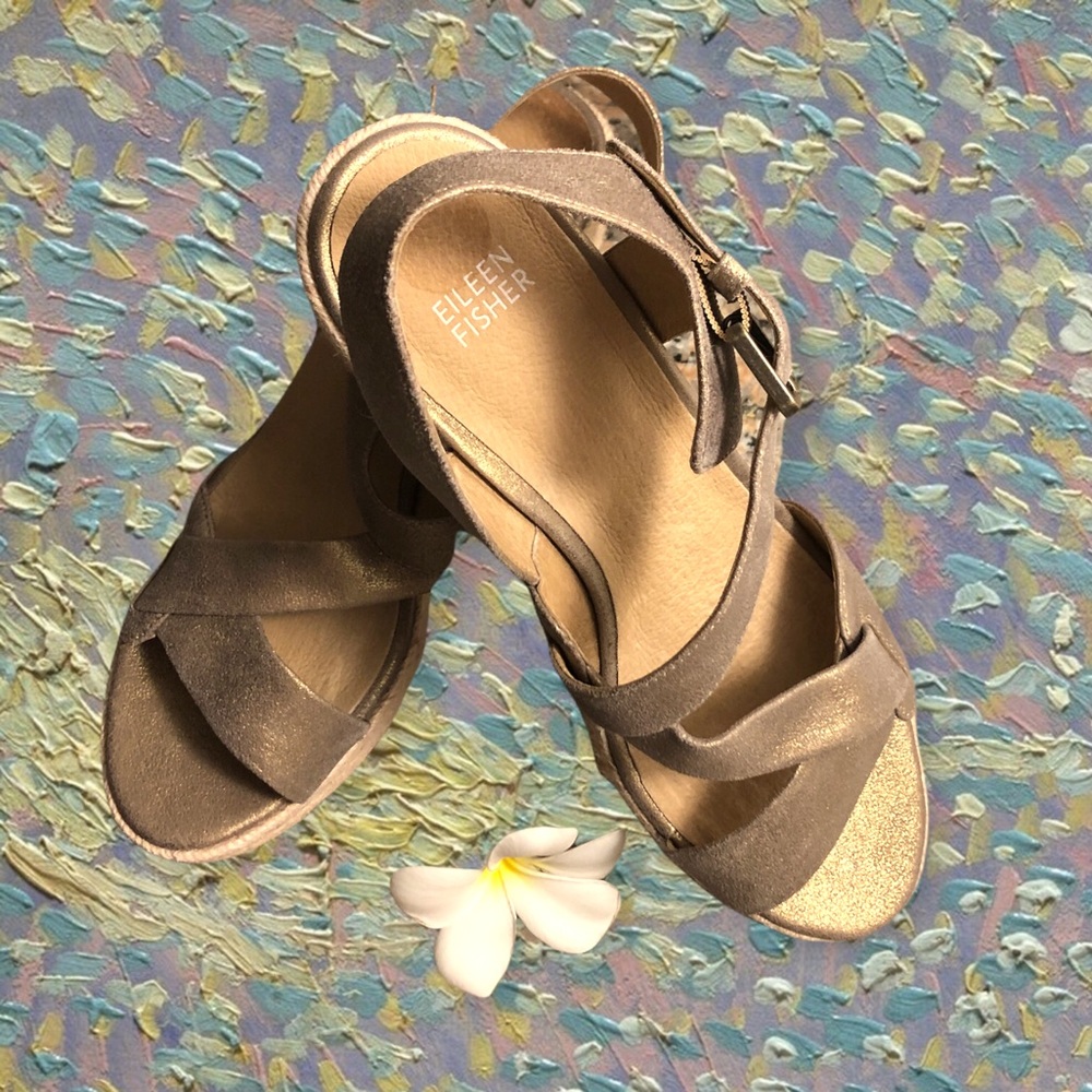 NWOT π‘ EILEEN FISHER Beckon Suede Jute Espadrille Wedge Sandals Bronze Metallic - Picture 9 of 15